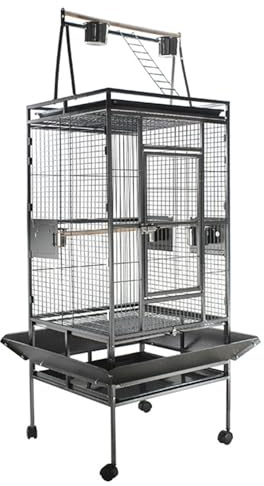 Jaula grande para pájaros con parte superior de juego y soporte rodante, hierro forjado, ideal para loros, conures, tortolitos, cacatúas y periquitos