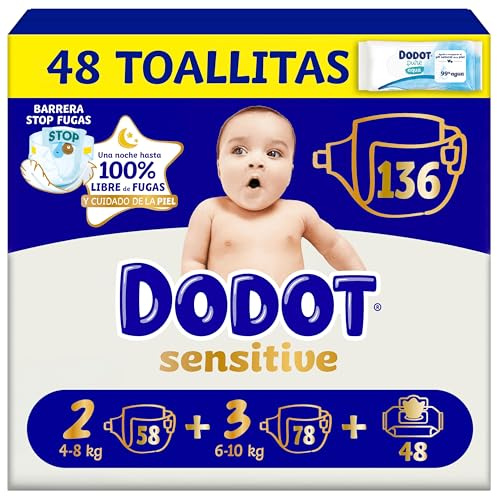 Dodot Sensitive Kit Recién Nacido Pañales + toallitas, 58 Pañales de la Talla 2 + 78 Pañales de la Talla 3 + 48 Toallitas Pure Aqua para Bebe, 99% Agua