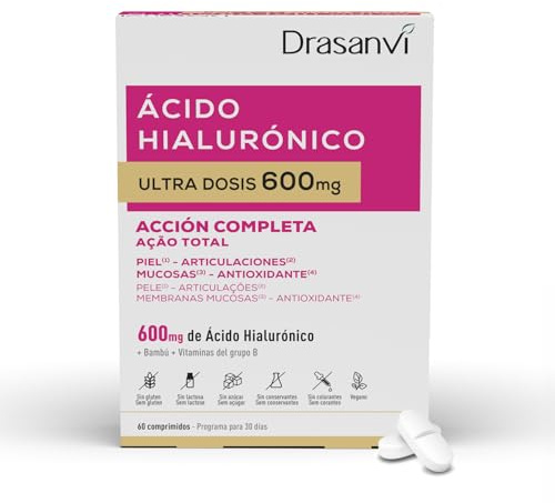 Drasanvi Acido Hialuronico 600 mg Cápsulas | Suplemento de Hidratación para la Piel | Con Bambú, Biotina y Vitaminas B | Apoyo para Piel, Articulaciones y Mucosas | 60 Comprimidos
