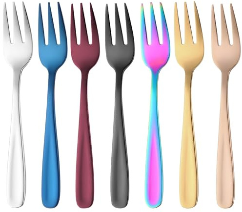 Juego de 7 tenedores de postre de acero inoxidable 18/10, mini tenedores de colores para tartas, frutas y aperitivos, elegantes y lavables en lavavajillas, ideales para casa, oficina, fiestas y bodas