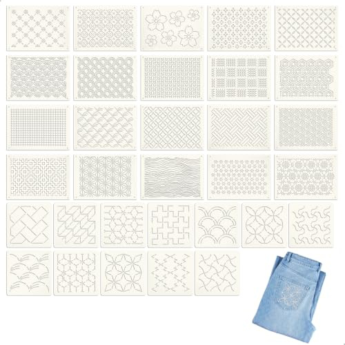 32 st Sashiko-schablonkit, Sashiko-broderistenciler, plastbroderistenciler, återanvändbara mallar för geometriska mönster, handtäcke, sömnad och textildesign