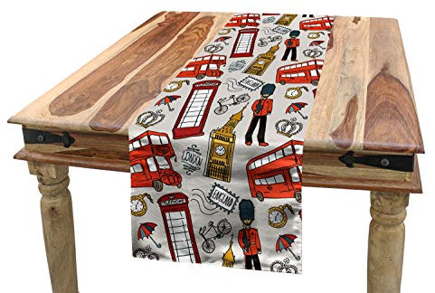 ABAKUHAUS London Tischläufer, Doodle Englisch, Esszimmer Küche Rechteckiger Dekorativer Tischläufer, 40 x 180 cm, Rot Grau