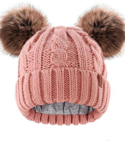 FURTALK Toddler Warm Winter Hat Kids Baby Knitted Soft Beanie with Double Faux Fur Pom Poms for Girls Boys Pink,2-6 Years