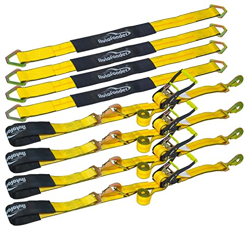 Autofonder Heavy Duty Ratchet Tie Down Straps - 4 Pack Car Hauling Kit with Snap Hooks - 10,000 lbs Break Strength - Auto Transport Axle Straps with D-Ring - Professional Grade Vehicle Tie Downs