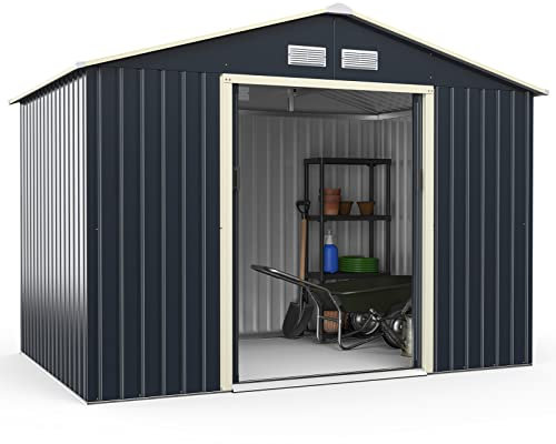 COSTWAY 7’x4’/8’x4’/9’x6’/11’x8’ Metal Storage Shed, Outdoor Lockable Tool Storage Box with 2/4 Vents, Double Sliding Door and Sloped Roof, Weatherproof Garden Shed House Hut (9 x 6FT, 4 Vents)