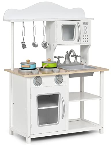 Maxmass Kids Wooden Kitchen, Children Pretend Play Kitchen with Detachable Sink and Spacious Storage Cabinet, Simulation Cooking Toy Set for 3+ Years Old (60 x 30 x 83cm)