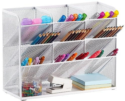Marbrasse Organizador Escritorio,10 Compartimentos Multifuncional Malla Porta Lápices,Organización de Escritorio, Organizador para Hogar Oficina y Escuela(Blanco)