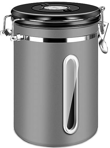 BA FANG TANG Kaffeedose 304 Edelstahl mit Datums-Tracker und Fenster, 1,8 Liter Aufbewahrung von Kaffeebohnen, Kakao und anderen Lebensmitteln. Luftdichter Vorratsbehälter für die Küche (grau)