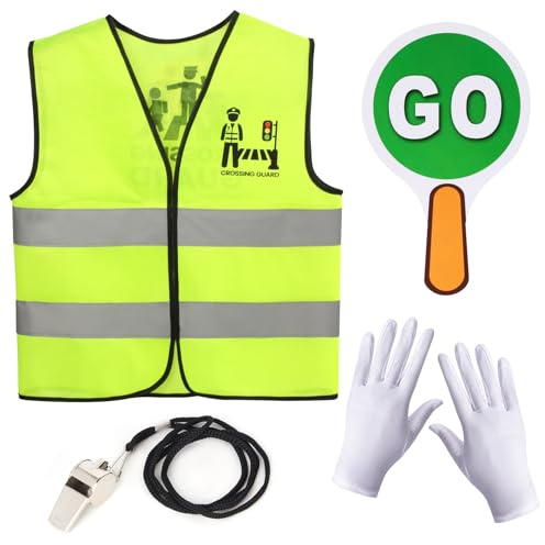 Yewong Kids Crossing Guard Kit Traffic Reflective Safety Vest Double-Sided Stop Go Sign Gloves Whistle for Schools Teaching Career Costume