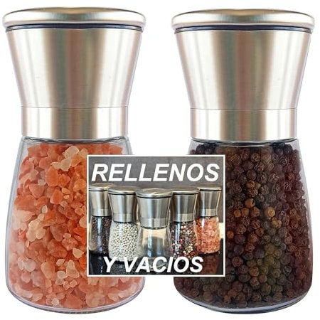 Molinillo de Pimienta, Empresa Nacional, Molinillo Especias 160ML x2, Molino Pimienta, Pimentero Salero Especias, Grano Ajustable, Núcleo Cerámico, Inox y Cristal, Rellenos y Vacíos.