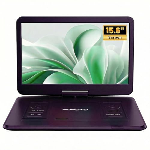 POFOTO Lettore DVD Portatile da 17,5'' con Schermo Rotante HD 15,6, Autonomia di 6 Ore, Supporto Formati Multipli/SD/USB, Sync TV e Proiettore, Antishock, Doppi Altoparlanti (Viola Nerastro)