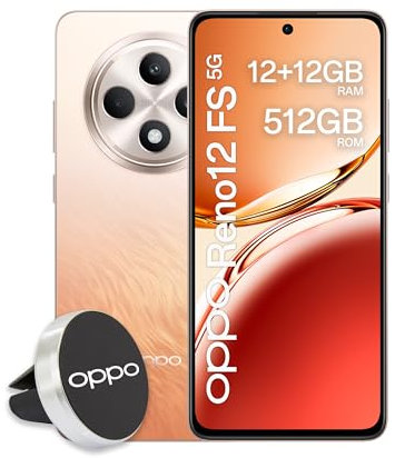 Oppo Reno12 FS 5G AI Smartphone, Triple caméra 50 + 8 + 2 MP, Selfie 32 MP, écran 6,67 120 Hz AMOLED FHD+, 5 000 mAh, RAM 24 Go (12 +12) +ROM 512 Go, Support Auto [Version Italie], Amber Orange