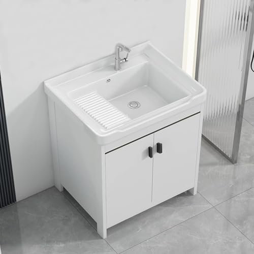 Tocador de baño con lavabo de cerámica, mueble de baño moderno, tina de madera con doble puerta para lavarropas, estación de lavado de manos de montaje rápido para garaje, restaurante, lavadero(81*48*