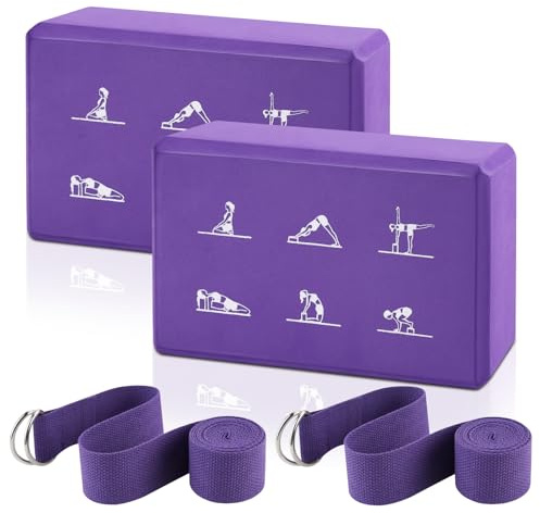 2 Yoga Block and Yoga Strap Set, FHDUSRYO High Density EVA Foam Blocks, Non-slip Yoga Bricks with 6ft Strap, Supportive Latex-Free Yoga Block Kit to Improve Balance and Flexibility (Purple, 9×6×3)