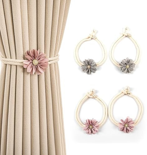 HUANR Gardinen Raffhalter, 4 Stück Gardinenhalter, Vorhang Halter Dehnbar, Grau und Rosa Vorhang Kordel, Verstellbar Vorhang Raffhalter, Raffhalter für Vorhänge, für Wohnzimmer, Garten, Schlafzimmer