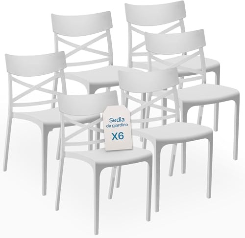Tomaino - Chaise en plastique de cuisine Croix - Ensemble de 6 chaises en plastique empilables pour l'extérieur et l'intérieur - Chaises pour jardin, salon, balcon ou bar - Blanc
