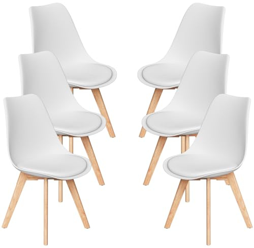 Stanew Chaises Salle à Manger, Lot de 6 Chaises Scandinaves, Rétro Rembourrée Chaise et Pieds en Bois, Chaise de Table à Manger pour Cuisine, Bureau et Salon, Blanc