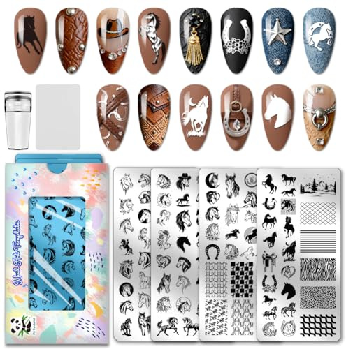 PH PandaHall 4 placas de estampado de uñas de caballo corriendo para arte de uñas, plantillas de arte de uñas, diseño de herraduras, diseño de manicura, placas de imagen para mujeres, bricolaje