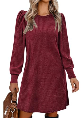XIVISTO Vestido de Invierno Mujer Manga Larga Tejido de Punto Casual Cuello Redondo Midi Vestido con Bolsillos
