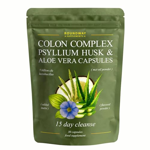 Colon Cleanse | 15 Day Detox with Psyllium Husk, Aloe Vera, Acidophilus Probiotic, Flaxseed Powder, MCT Oil, 30 Capsules | Colon Complex Made in The UK by Roundway Supplements