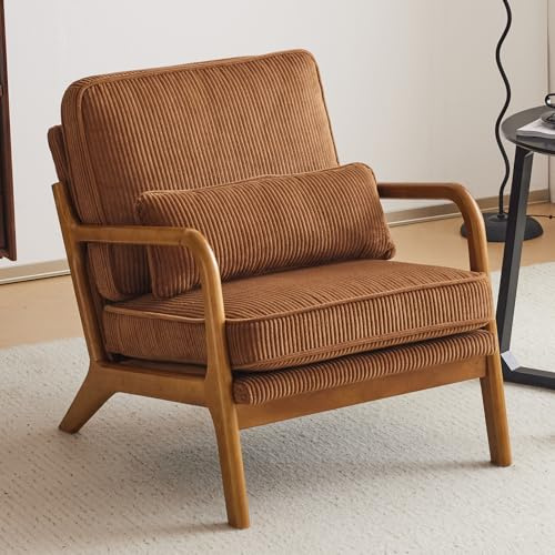 Bonnlo Sillón Butaca Individual de Salón, Estilo Nórdico Retro, Tapizado de Pana Acanalada Suave, Estructura de Madera Maciza, Cojín Incluido, 65×80×78 cm, Carga Máxima 150 kg (Marrón)