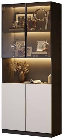 Smalt glasvitrinskåp med appstyrd LED-belysning, 80 x 30 x 200 cm stående vitrinskåp med glasdörrar och aluminiumram, modernt vitrinskåp som vardagsrumsskåp eller skänk för samlarobjekt
