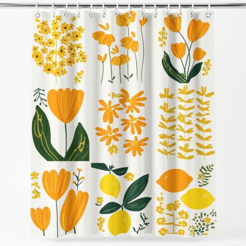 Modernt lapptäcke duschdraperi 180 H x 180 B cm blommor orange gul grön vit rutnät växt duschdraperier med krok, badrumsgardin polyester vattentät antimögel badrumsgardiner