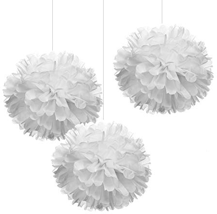 12 White Tissue Pom Poms DIY Hanging Paper Flowers for Party Decorations, 12 pcs
