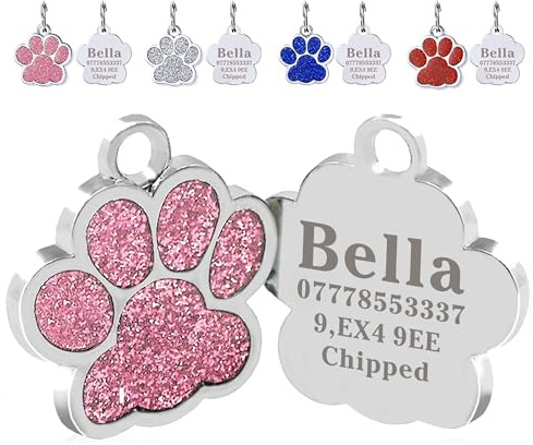 Personalised Cat Tags | Dog Tags for Pets Engraved UK | Pet ID Tags for Dogs & Cats | Glitter Paw Print Stainless Steel Cat Name Tag | Doggy Cat Kitten Kitty Puppy Tag | 4 Colours 25mm (Pink)