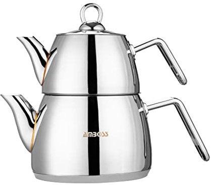Amboss Aqua - Juego de tetera turca ergonómica con mango dorado, 4 piezas, con tapa de vapor, acero inoxidable, compatible con inducción (mango de acero)