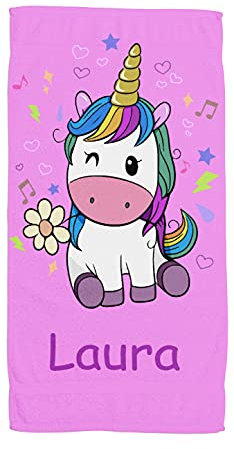 ZPUBLI+ Toallas de Playa o Ducha Personalizadas con Nombre o Frases. Toallas Infantiles, Regalo Infantil Original para baño, Piscina, Playa, Camping. Varias Medidas. (Unicornio Rosa, 30x50)