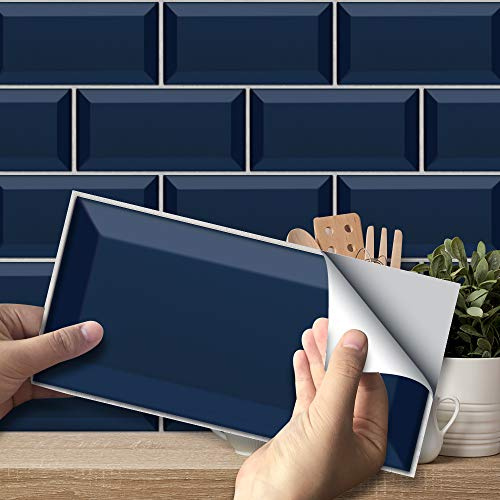 funlife 54Pcs Blue Tile Stickers Peel and Stick Self-Adhesive Vinyl Splashback Kitchen Decor Navy Blue, 20X10cm