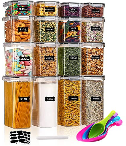 JAMITE Boite de Rangement Cuisine et Garde-Mange Lot de 16,avec Couvercle en Plastique Sans BPA,pour Céréales,Pâtes,Farine,Sucre etc