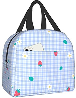 XVBCDFG Cute Strawberry Leaf Flower Fruit On Pastel Blue Lunch Box Bento Box Cajas de almuerzo aisladas Reutilizable Bolsa de almuerzo impermeable con bolsil