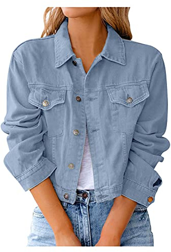 L9WEI jeansjackor dam Jean långärmad höstjacka med ficka flickor enfärgad lätt övergångsjacka mode streetwear