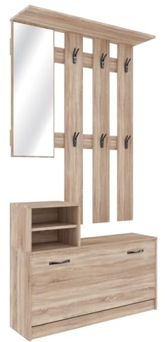 Bricozone Set di Mobili da Ingresso con Specchio Scarpiera Colore Rovere 6 Ganci Appendiabiti Mobile Corridoio Guardaroba Arredo Arredamento Design Moderno