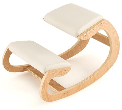 FIREFLOWERY Ergonomic Kneeling Chair, Wooden Posture Chair W/Extra Padding for Back Neck Pain Relief & Improving Posture, Rocking Meditation Stool W/Knee Support for Home Office (Beige)