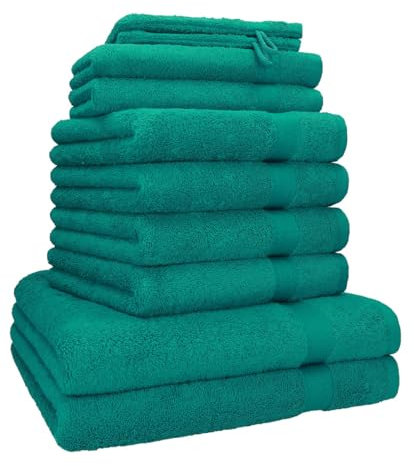 Betz Premium Handtuch-Set 10-teilig – 100% Baumwolle – Oeko-TEX® Zertifiziert – saugfähig&weich – 470g/m² – Duschtücher, Handtücher, Gästetücher & Waschhandschuhe Farbe smaragdgrün