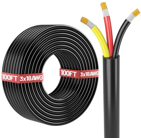 Energeaster 100FT 18 Gauge Wire,Automotive Wire,3 Conductor Electrical Stranded PVC Cord,12V Low Voltage, Tinned Copper Flexible 18/3 Cable for LED Strips Lamp Lighting Marine Cable