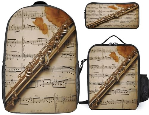 YHEGBFD Zaino tascabile, stampa musicale flauto, set di borse per il pranzo a tracolla, zaino casual, set da 3 pezzi, stile, taglia unica