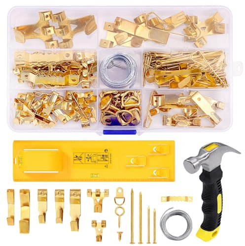 Juego de 224 ganchos para cuadros con alambre, juego completo con alambre para colgar, ganchos, clavos, martillo y nivel de burbuja, juego de ganchos para cuadros, perfecto para colgar cuadros de