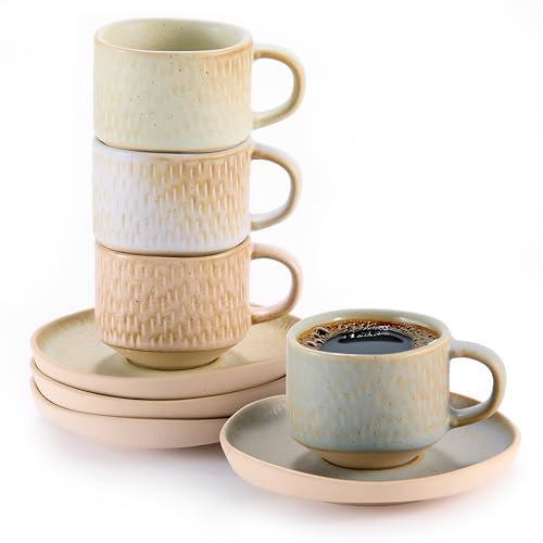 KooK Espresso Mug and Saucer Set, Ceramic Cups and Plates with Rustic Organic Shape and Feathered Texture, Dishwasher and Microwave Safe, 2.7 oz, Set of 4, Neutral Multicolor (2.7 Oz)