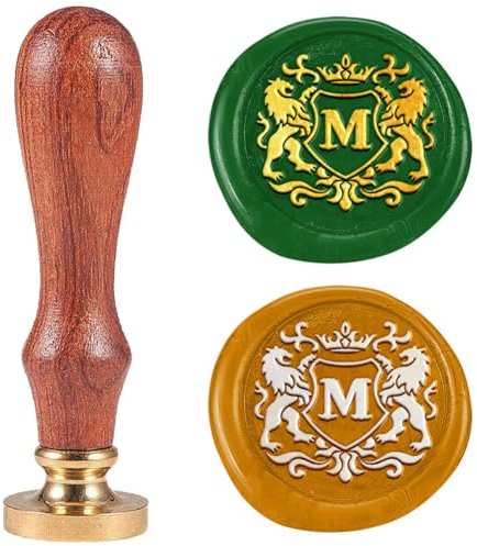 DELORIGIN Sceau de Cire à Emblème de Lion Lettre M 25mm Tampons de Scellement Tête en Laiton Amovible avec Manche en Bois pour Carte de Vœux Lettre Invitations Carte Cadeau