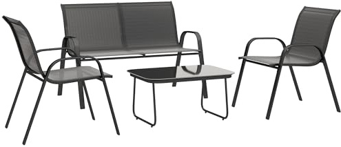 Outsunny Conjunto de Jardín Exterior 4 Piezas Muebles Jardín Exterior con 2 Sillones Apilables 1 Sofá de 2 Plazas y Mesa de Centro con Tablero de Vidrio Templado Negro