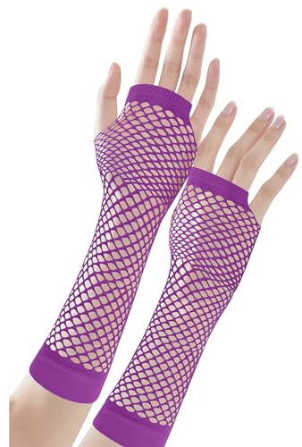 TECDW 2 Pares de Guantes de Red sin Dedos para Mujer, Guantes Elásticos Transpirables de Malla, Netz Armstulpes para Cosplay, Fiestas de Navidad y Disfraces de Escenario(Largo,Morado)