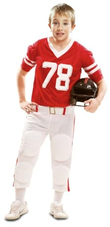 My Other Me - Costume giocatore rugby bambino, taglia 7-9 anni. Include maglietta rossa con numero 78, cintura e pantaloni bianchi con liste rosse e protettivi. Ideale per piccoli sportivi.