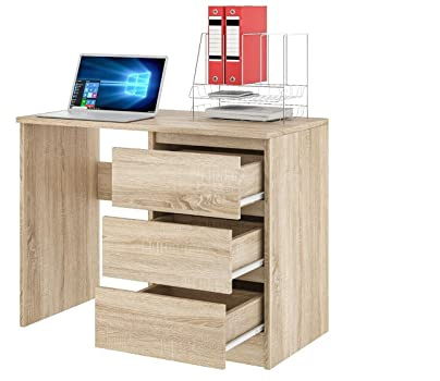 roe furniture Schreibtisch mit 3 Schubladen, Bürotisch Computertisch Klein Arbeitstisch PC-Tisch Kinderschreibtisch mit Stauraum, Moderner Schreibtisch, 90x50x76 cm (Sonoma)