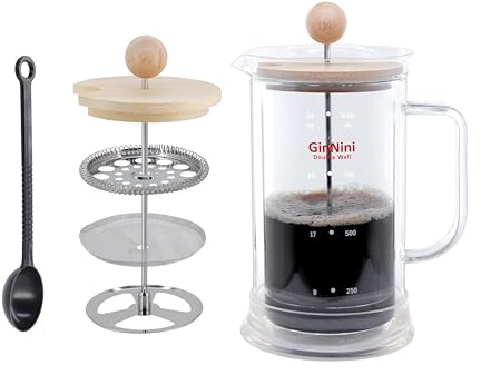 GinNini 34oz Plastic Free French Press Coffee & Tea Maker – Double Wall Borosilicate Glass, SUS304 Filter, Bamboo Lid – No Plastic