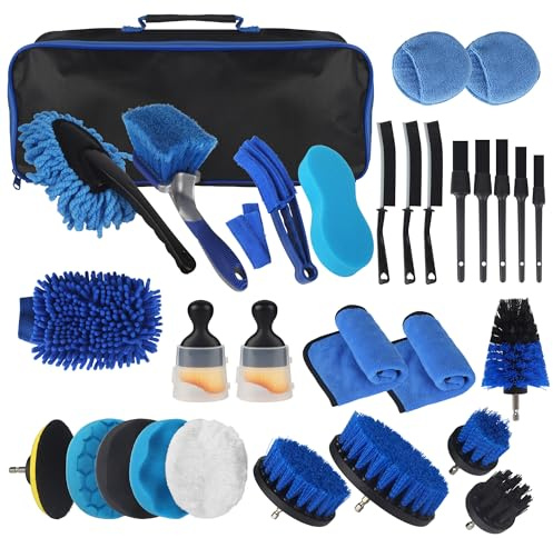 31 Pezzi Kit Pulizia Auto Pratica Borsa Inclusa,Set Completo di Lavaggio Auto per Interni ed Esterni, Spazzole Detailing, Spugne Lucidanti, Spazzola per Pneumatici,Spazzola per Trapano