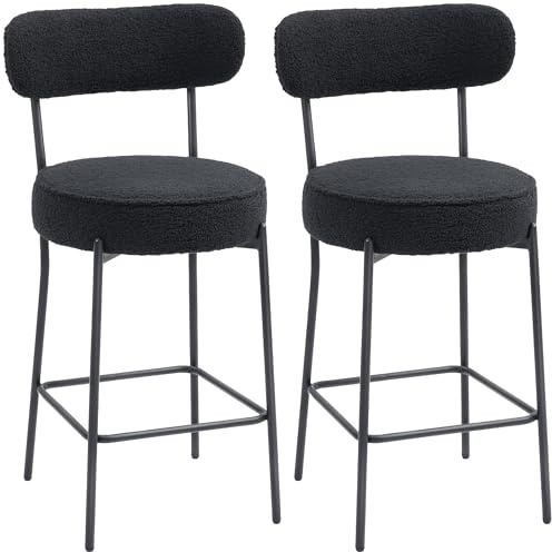 HOMCOM Barhocker 2er Set Barstühle, Küchenstühle mit Fußstütze, Lehne, Fleece-Optik, 68 cm Sitzhöhe Gepolstert Tresenhocker mit Stahlgestell für Küche, Esszimmer, Wohnzimmer Schwarz
